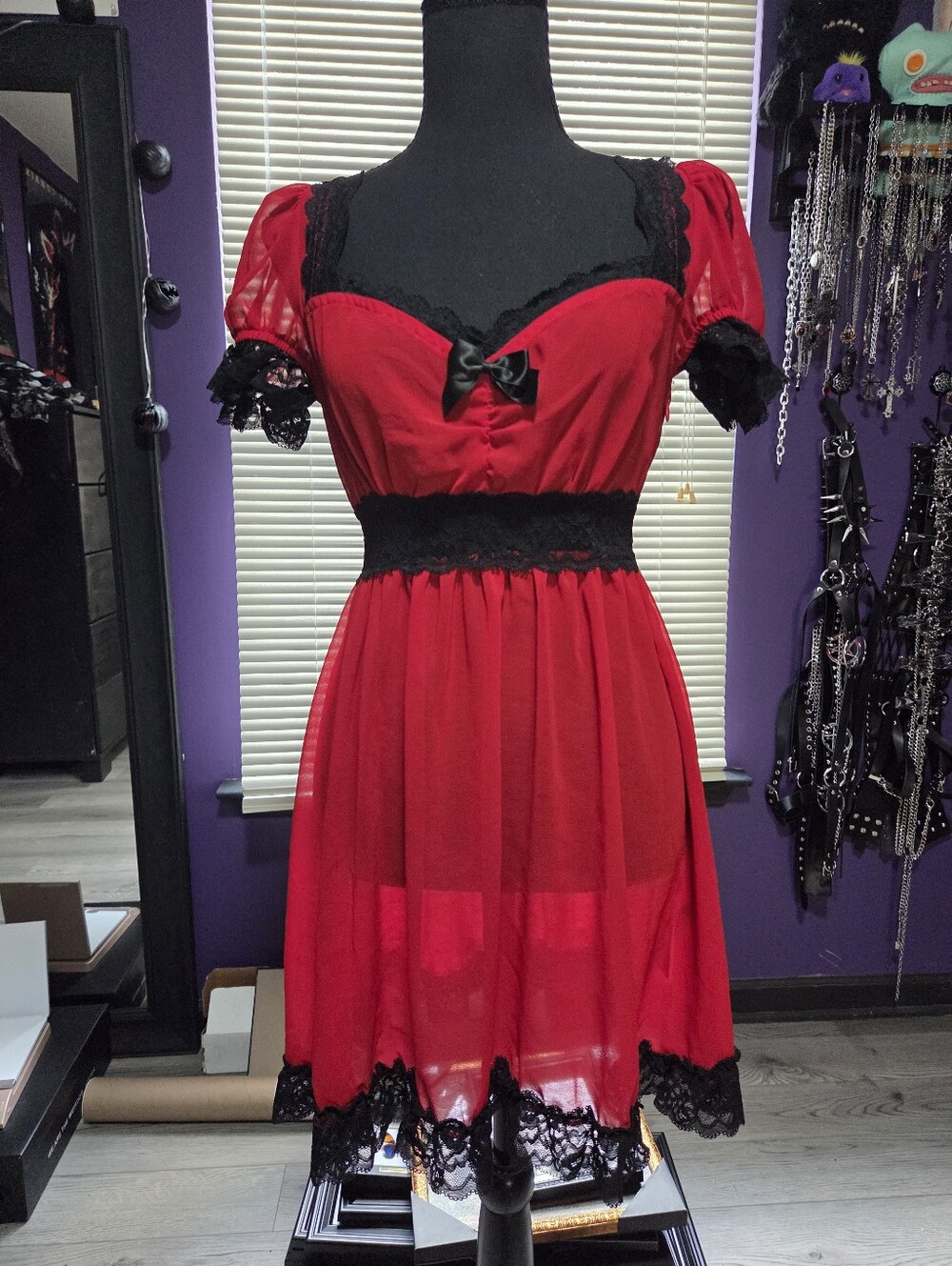 Dolls Kill Widow Wonder Wheel Dreams Mini Dress S Red Black Goth Emo Punk Lace